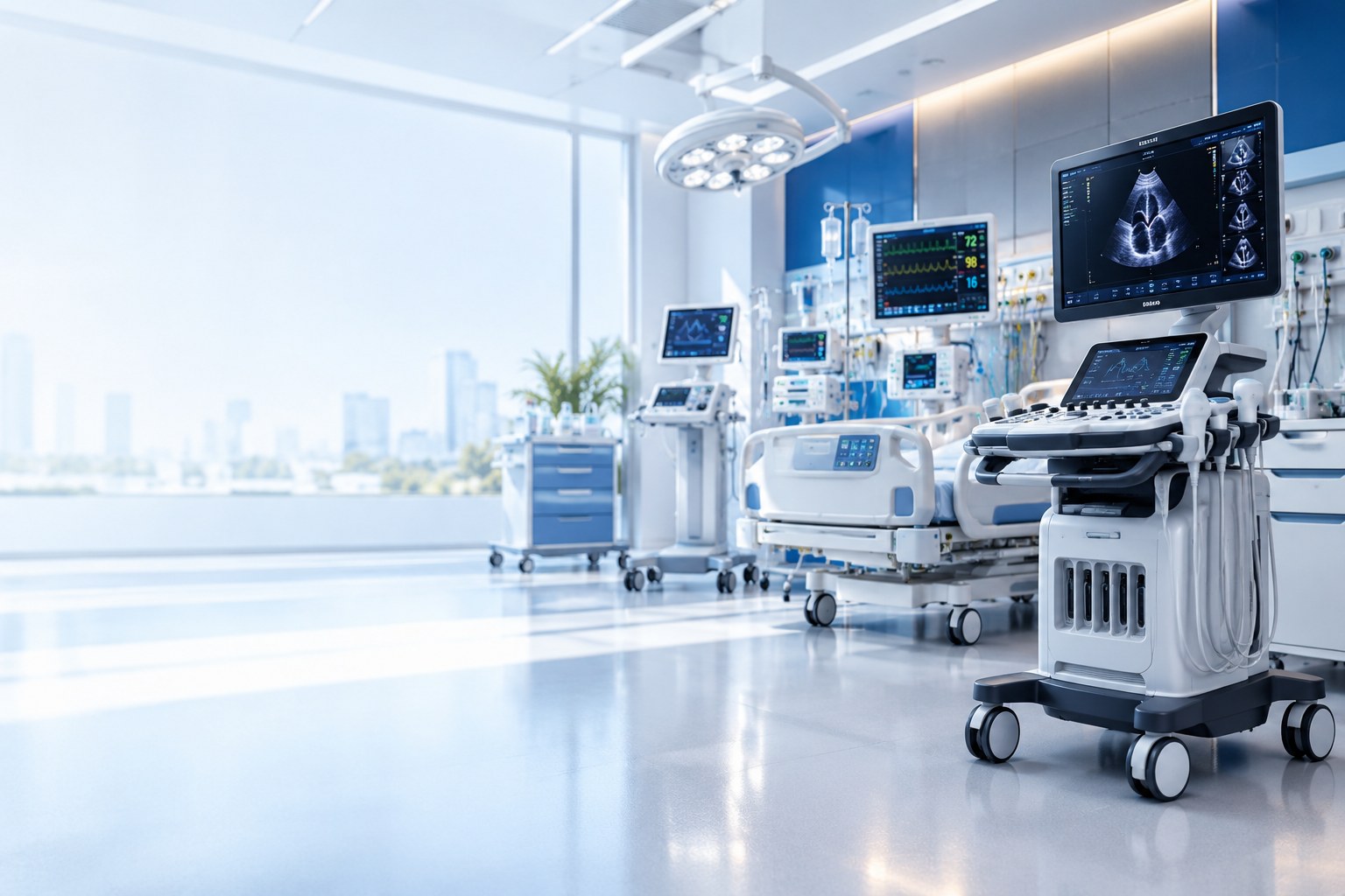Ruang fasilitas kesehatan modern dengan perangkat medis dan monitor